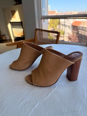 Tory Burch Tan Leather Peep Toe Mules with Wood Heel, Size 5.5